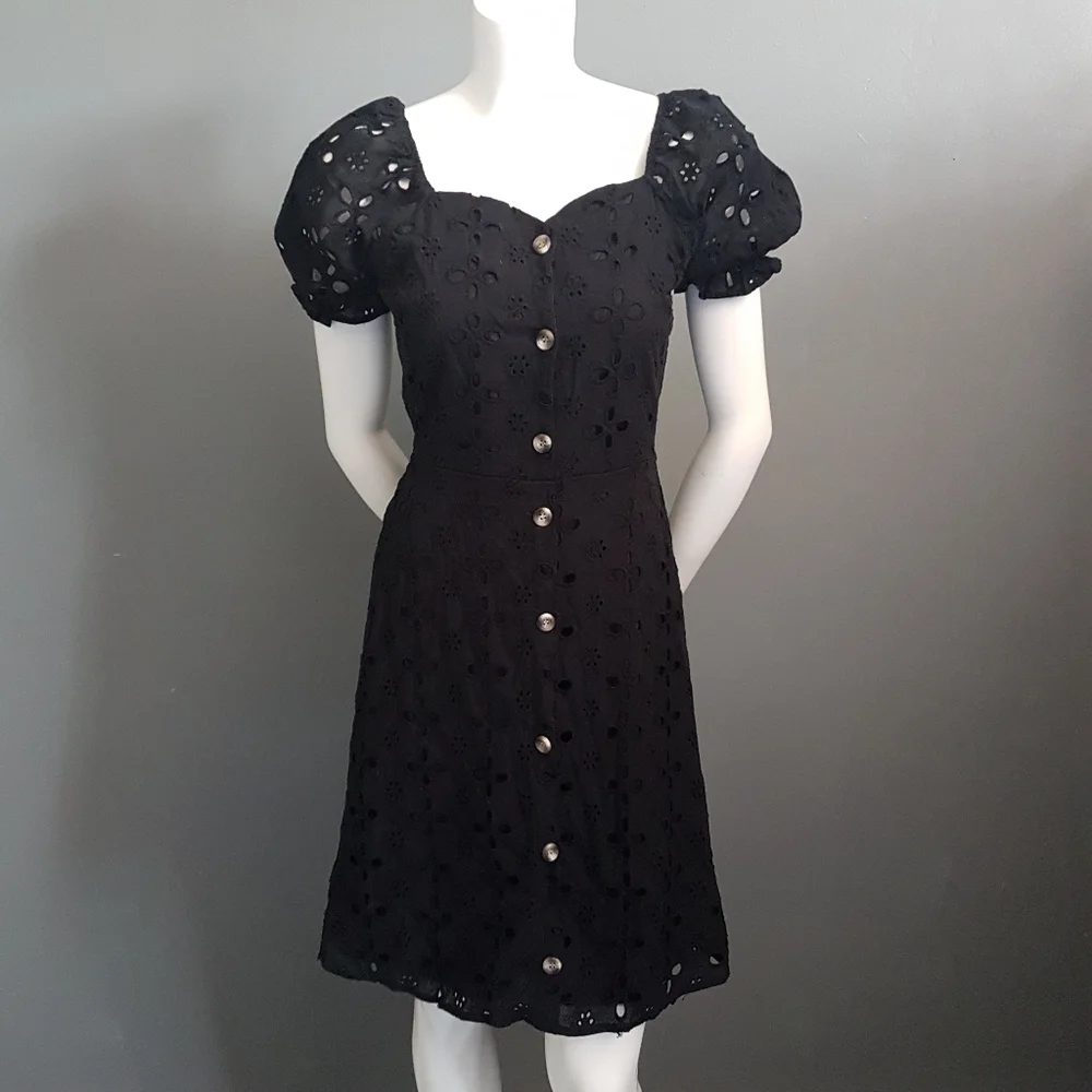 Monteau Black Eyelet Puff Sleeve Mini Dress - Picture 2 of 12